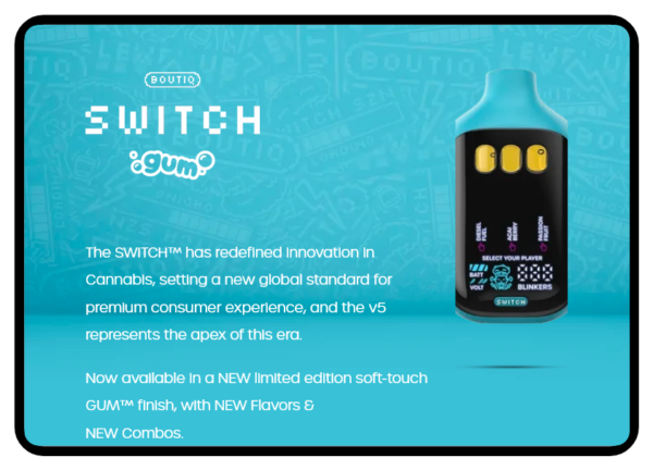 Boutiq Switch Gum package displayed against a clean background, showcasing its sleek, modern design and compact format.
