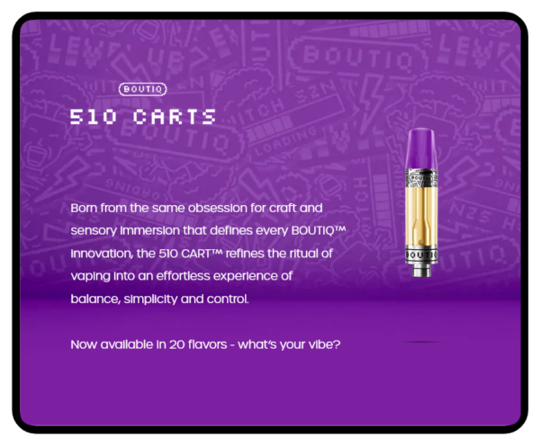 Boutiq 510 Cart in sleek, compact packaging with modern branding and a streamlined cartridge design.