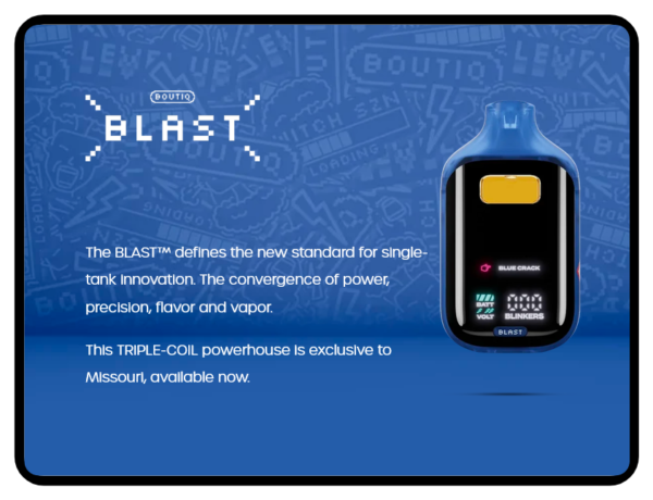 Boutiq Blast product packaging displayed against a clean background, featuring sleek, modern branding.